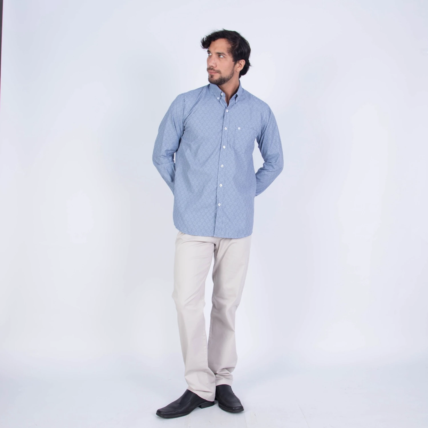 Camisa manga larga Color Entero etiqueta AZUL con cuello frances