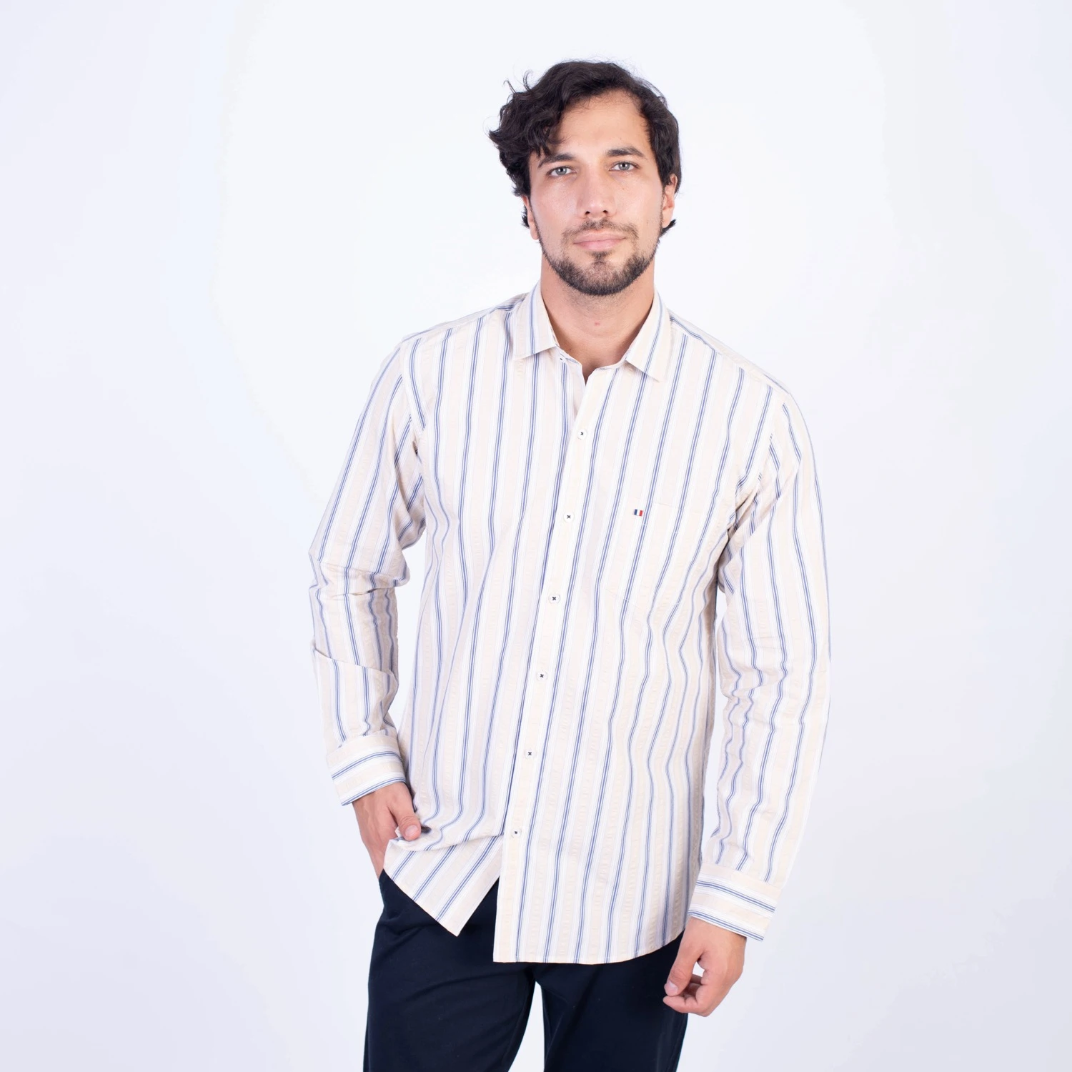 Camisa manga larga Seersucker Etiqueta Azul con diseño frances