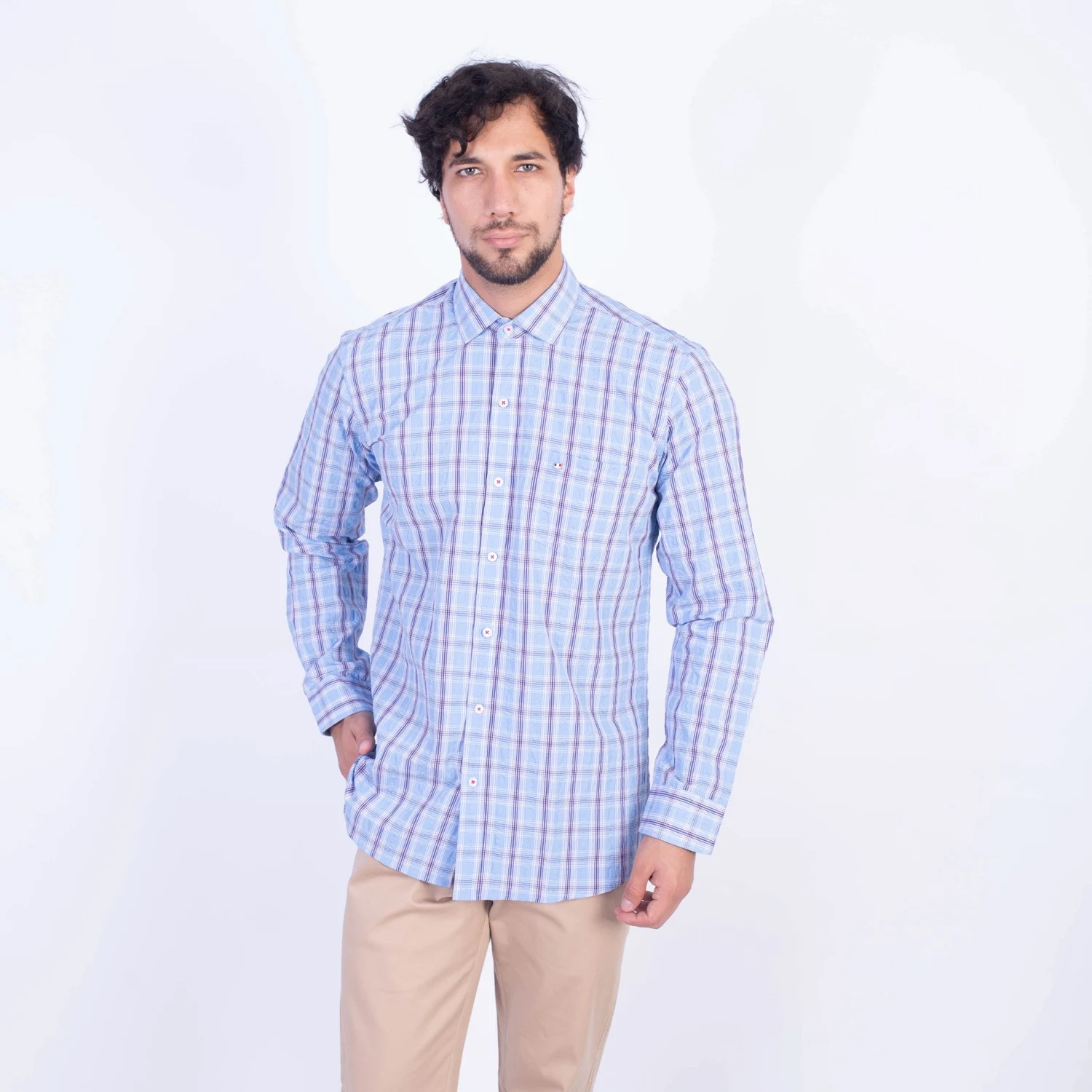 Camisa manga larga Seersucker Etiqueta Azul