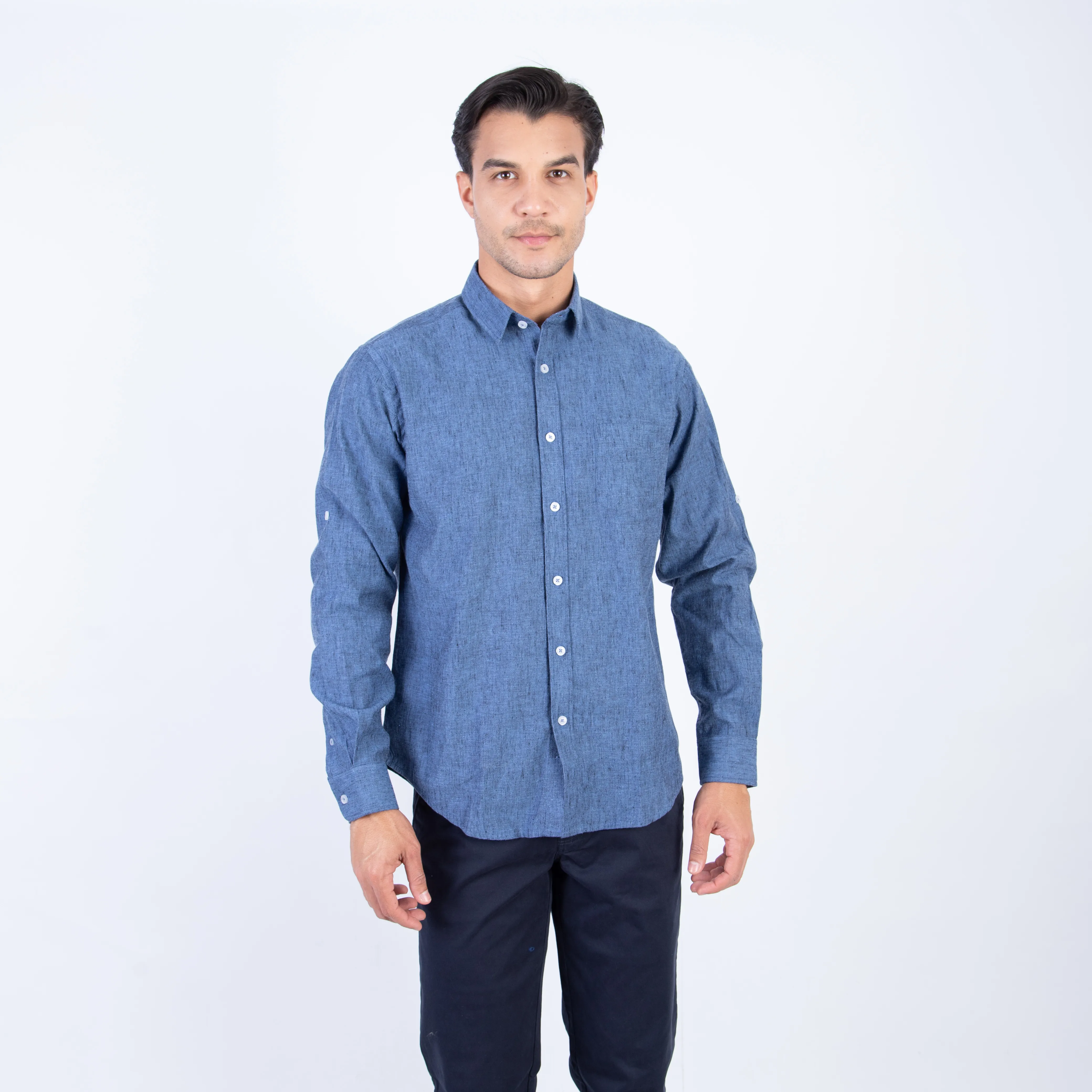 Camisa manga larga Color Entero con Cuello Frances Etiqueta Puro Lino Italy