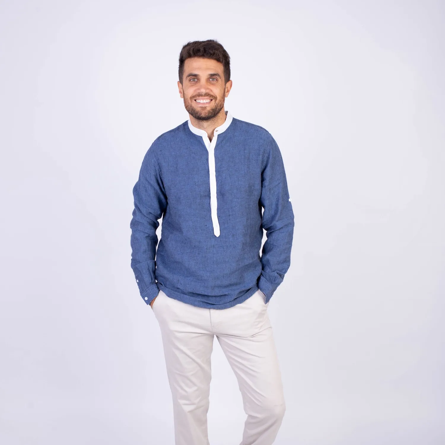 Camisa manga larga Sport con Cuello Redondo Etiqueta Puro Lino Italy