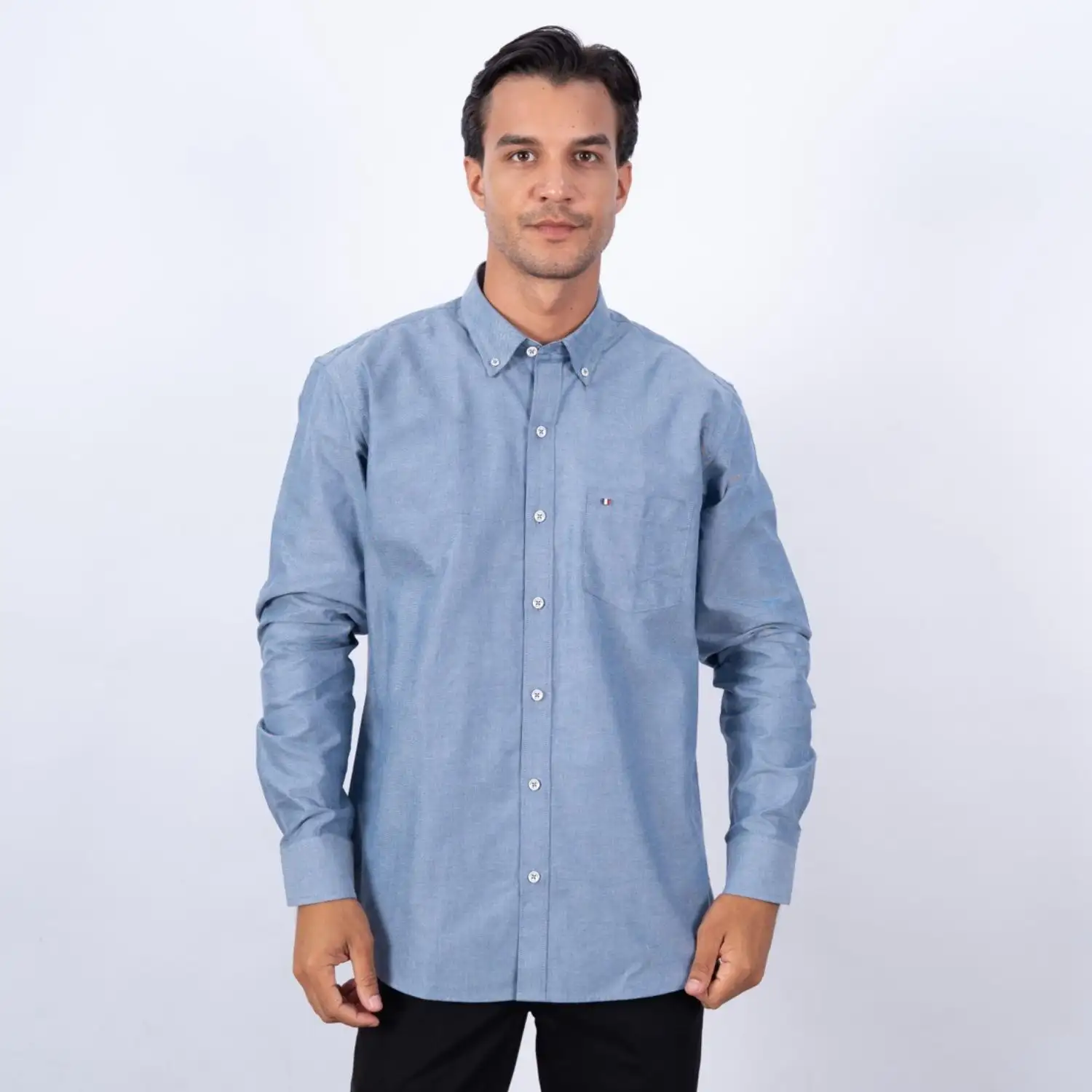 Camisa Oxford manga larga Color Entero Etiqueta Azul con diseño Francés