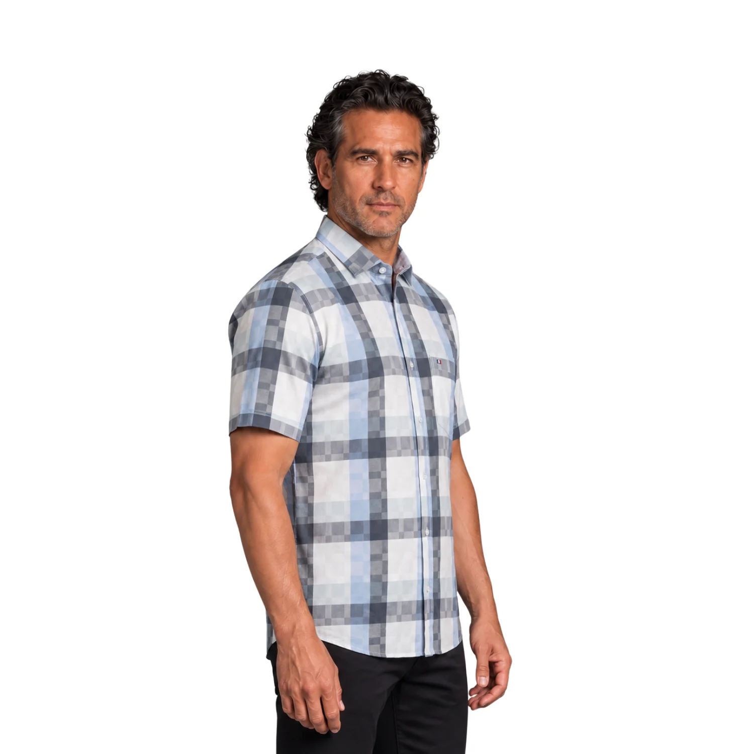 Camisa manga corta Etiqueta tejido made in Italy con diseño Francés vista 3