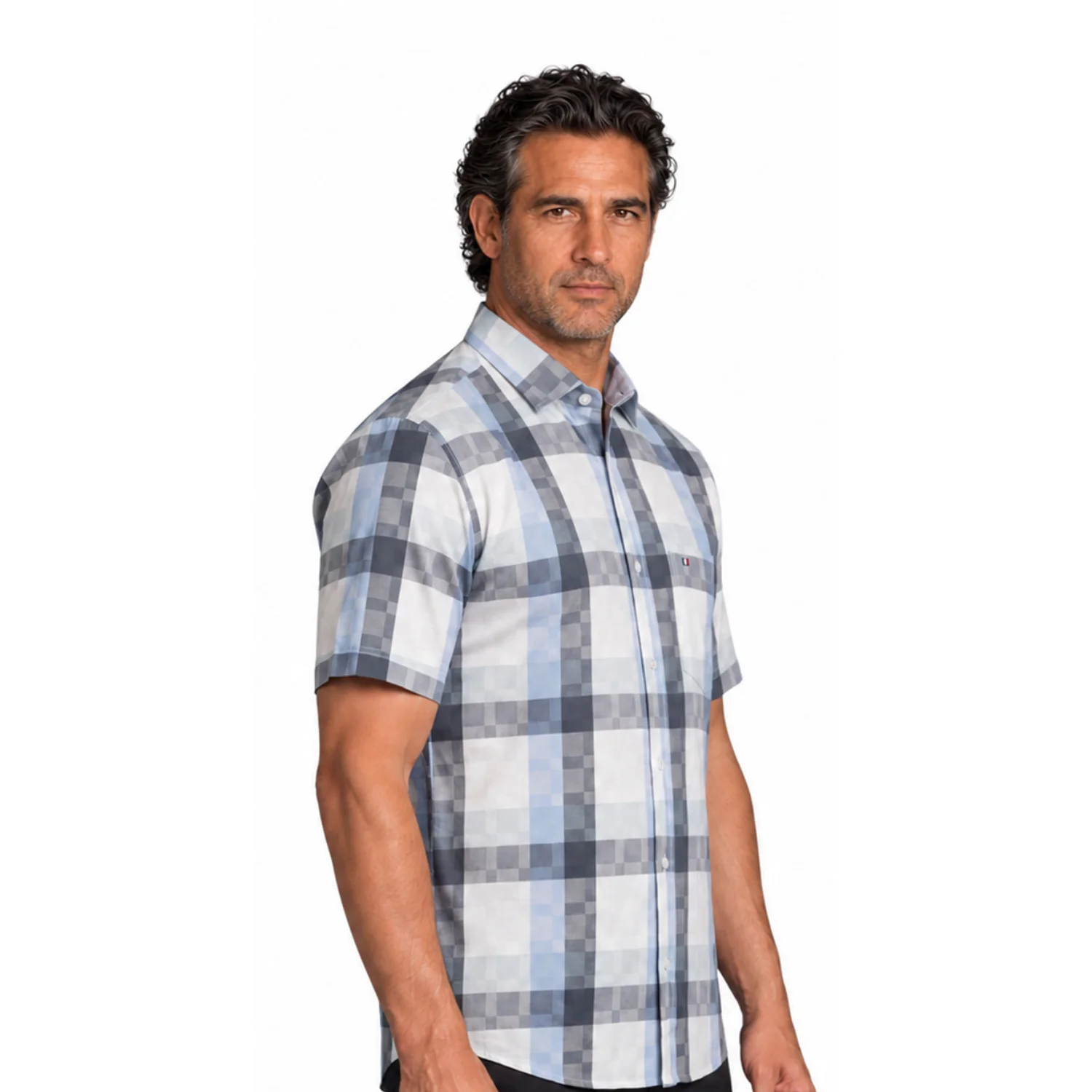 Camisa manga corta Etiqueta tejido made in Italy con diseño Francés vista 2