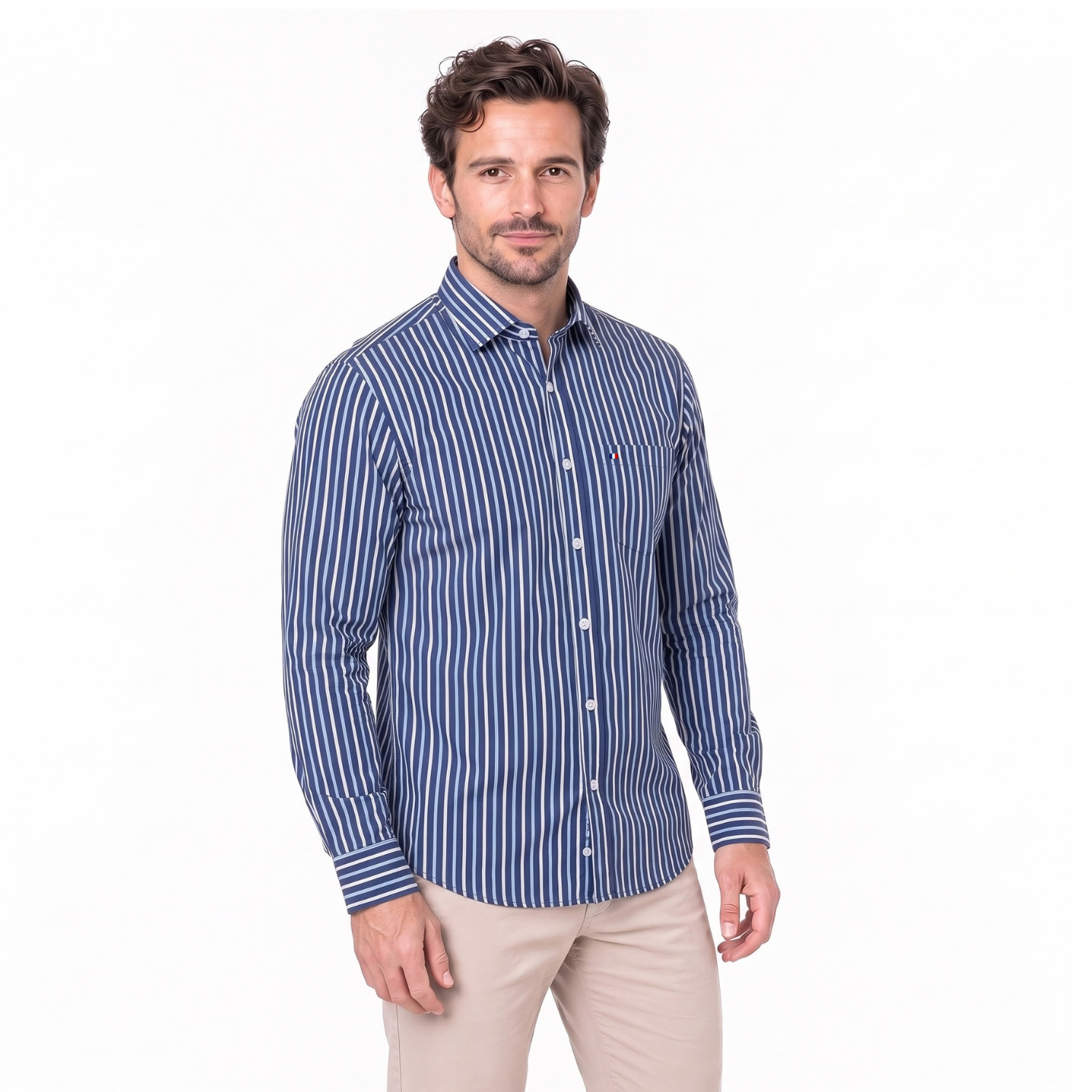 Camisa manga larga Etiqueta tejido made in Italy con diseño Francés vista 2