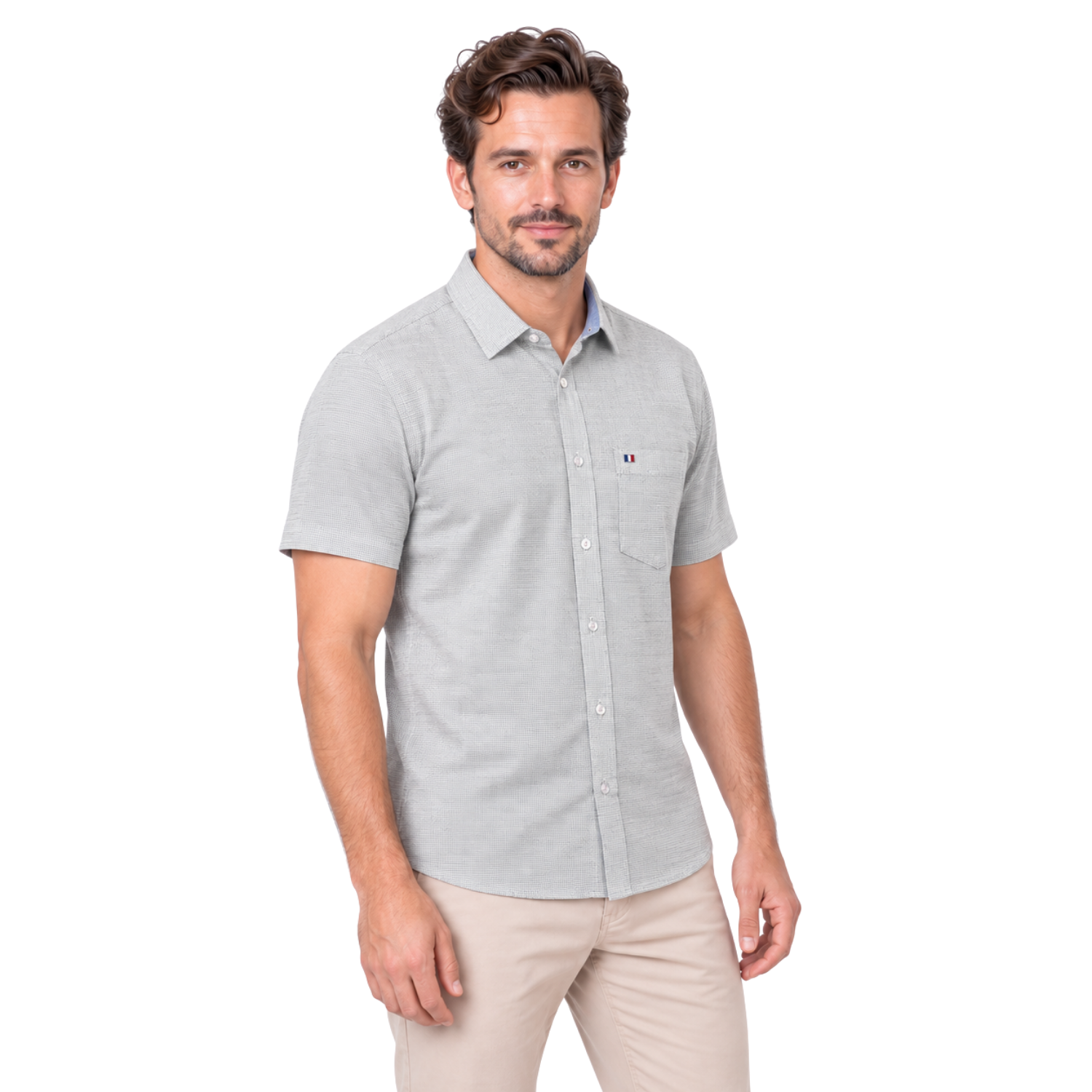 Camisa manga corta Etiqueta tejido made in Italy con diseño Francés vista 2