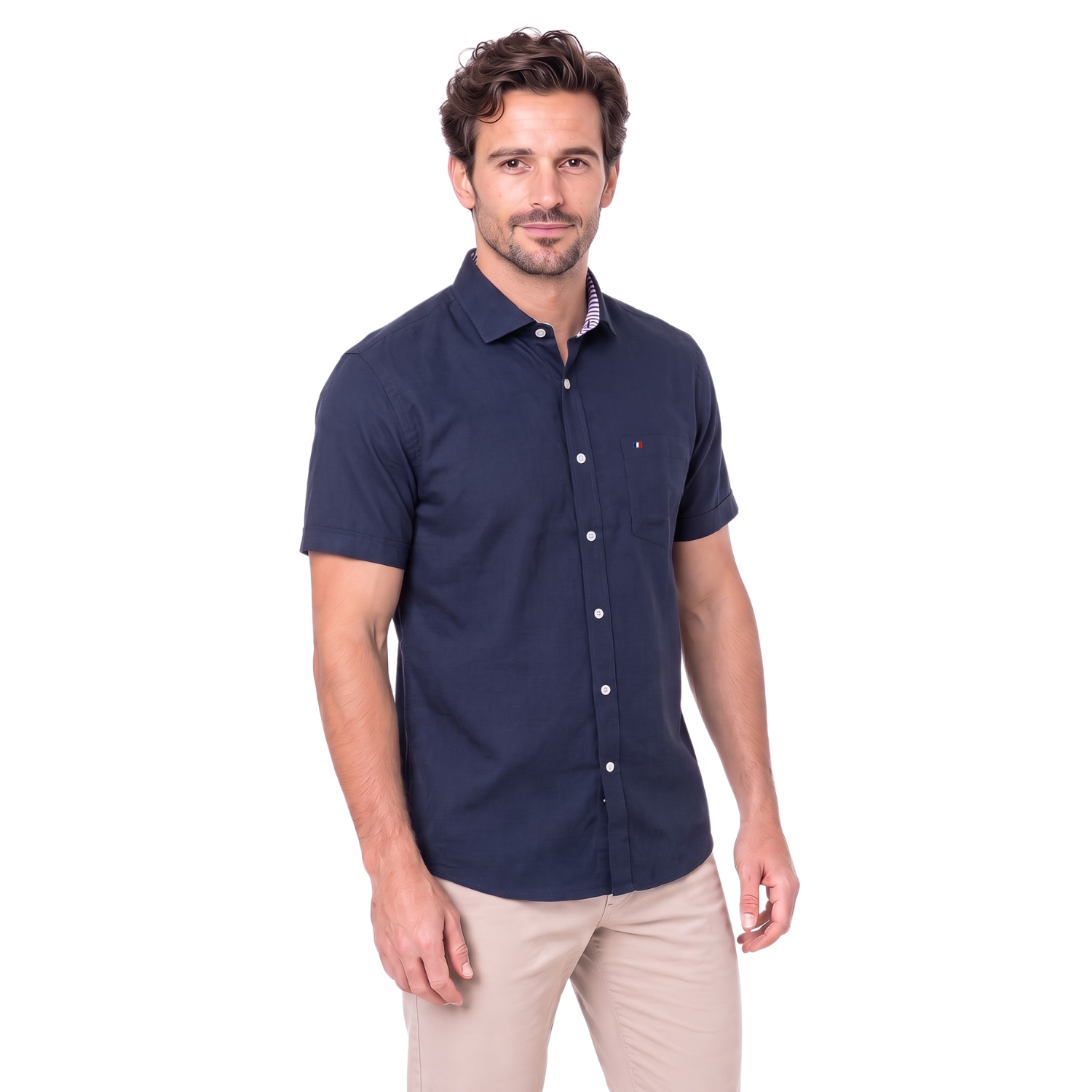 Camisa manga corta Etiqueta tejido made in Italy con diseño Francés vista 2