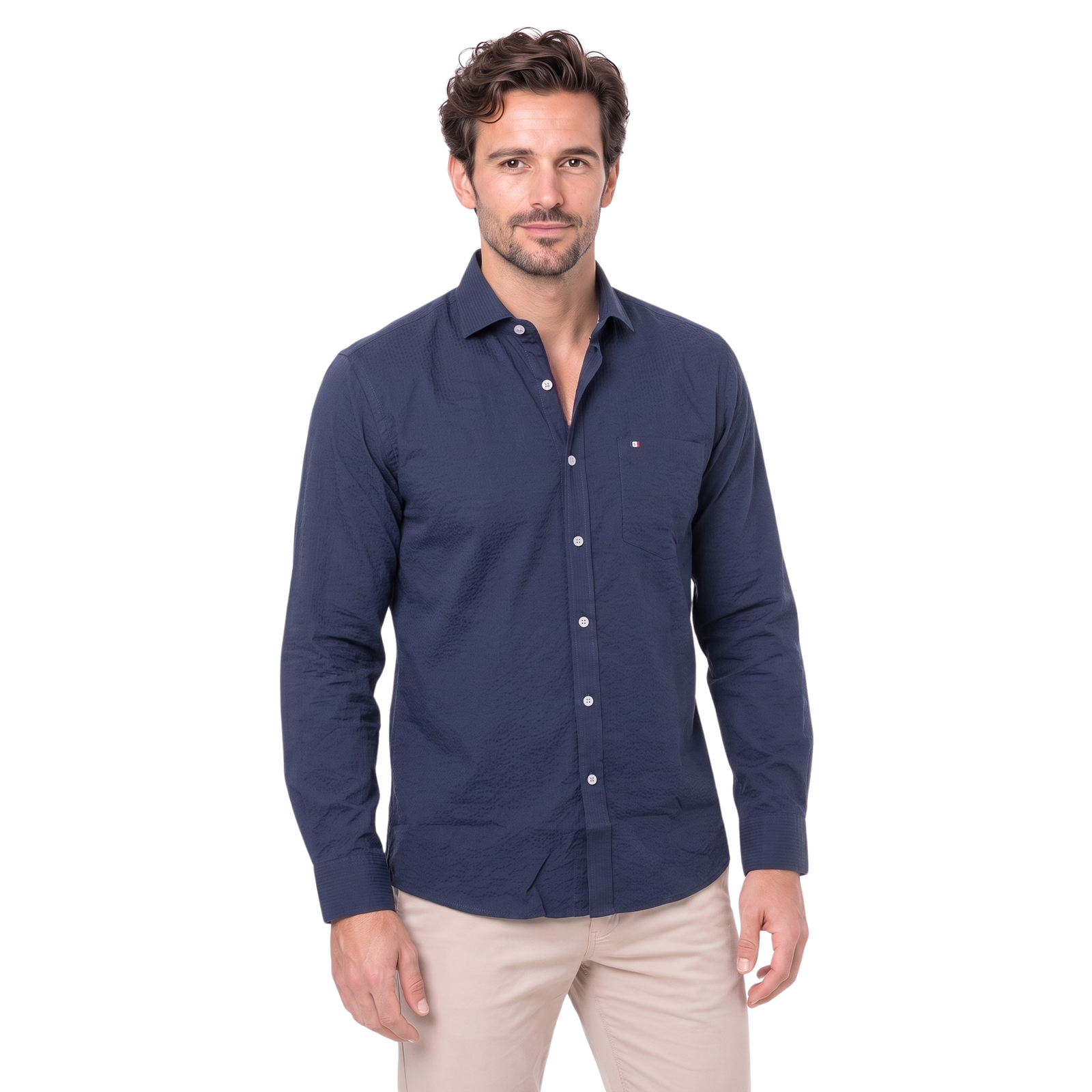 Camisa manga larga Seersucker Etiqueta tejido Made in Italy vista 2